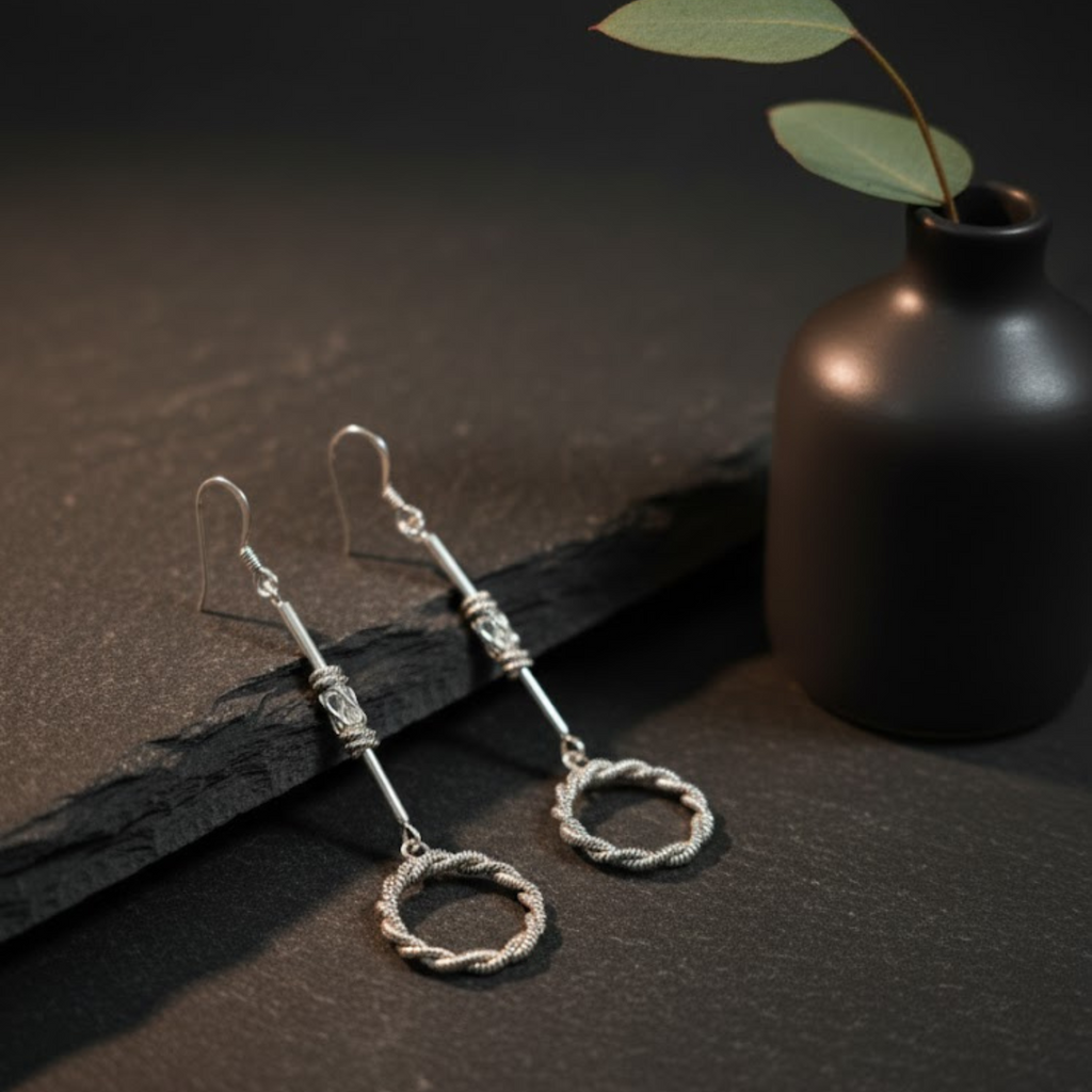 Linear Twist Sterling Silver Long Drop Earrings