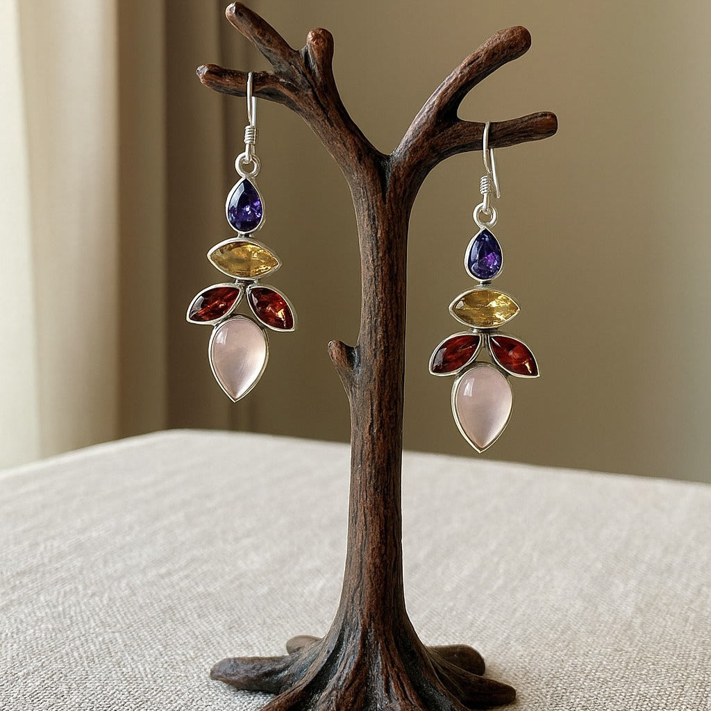 Prism Bloom Multi-Gemstone Silver Drop Earrings