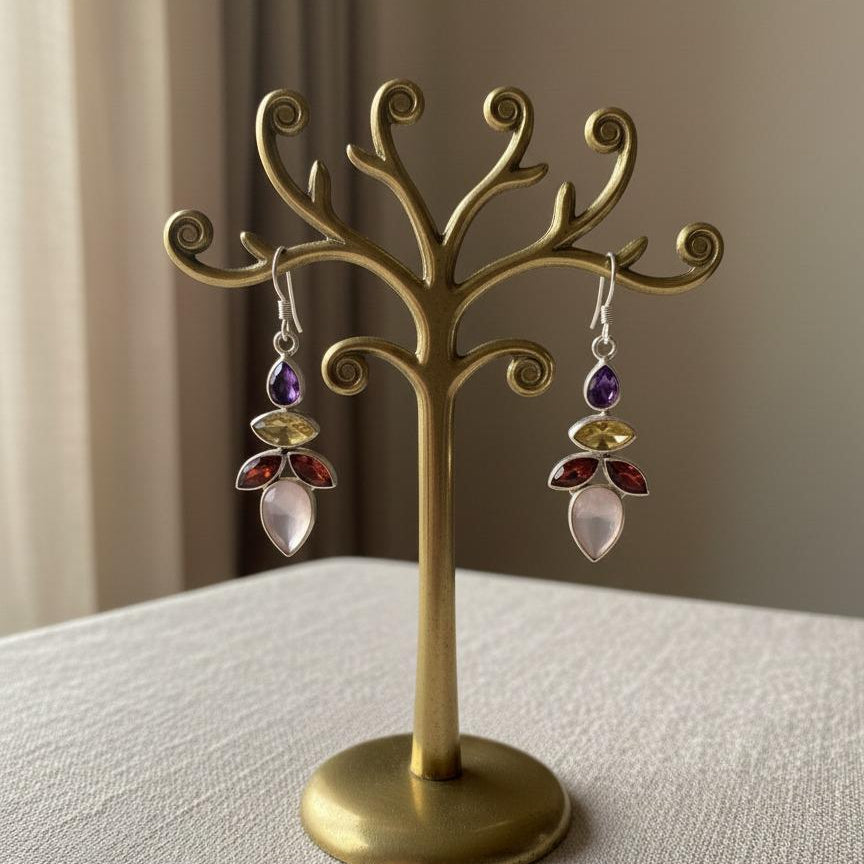 Prism Bloom Multi-Gemstone Silver Drop Earrings