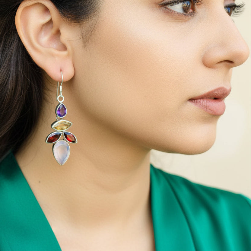 Prism Bloom Multi-Gemstone Silver Drop Earrings