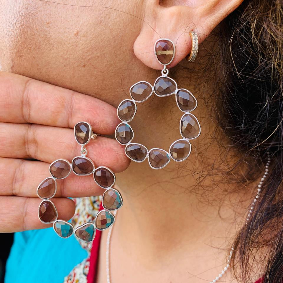 Smoky Orbit Faceted Quartz Drop Earrings