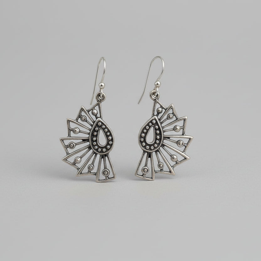 Mayura-Pankh (Peacock Feather-inspired) Silver Earrings.
