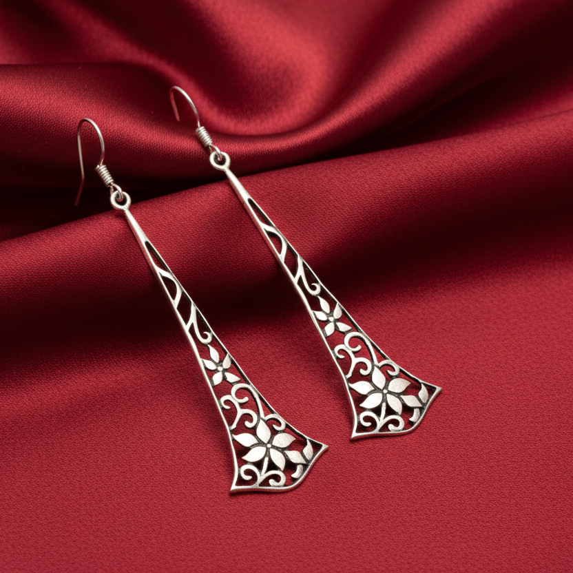 Floral Filigree Oxidised Silver Long Drop Earrings
