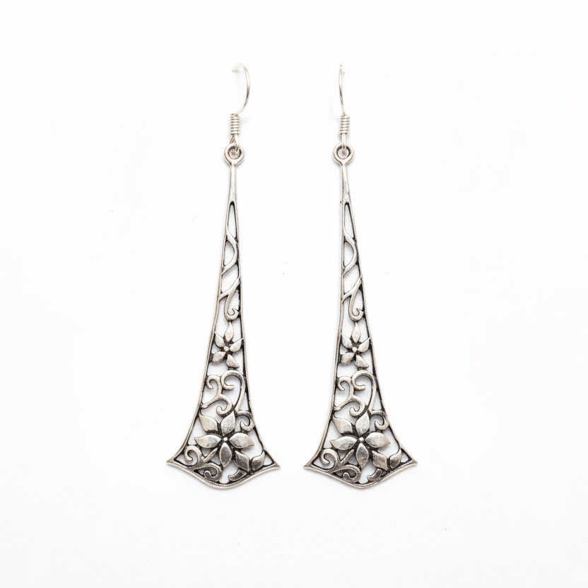 Floral Filigree Oxidised Silver Long Drop Earrings