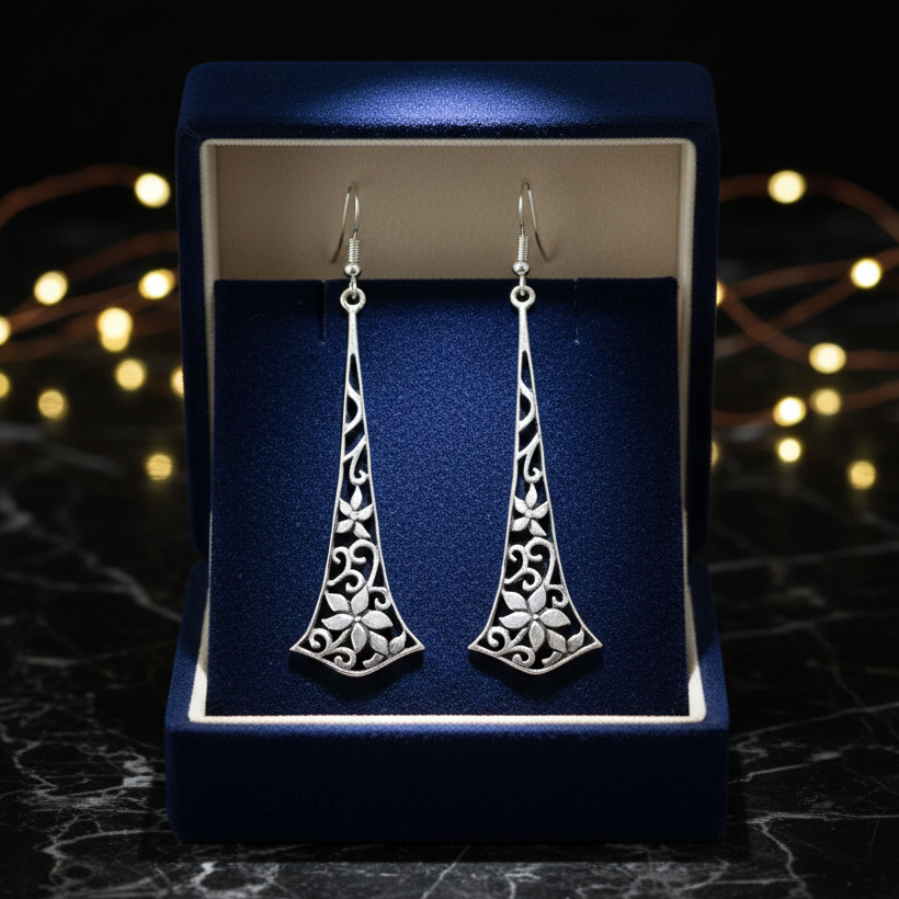 Floral Filigree Oxidised Silver Long Drop Earrings