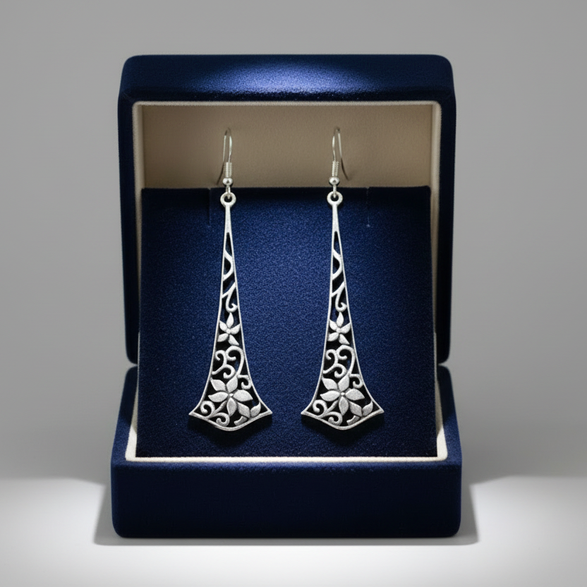 Floral Filigree Oxidised Silver Long Drop Earrings