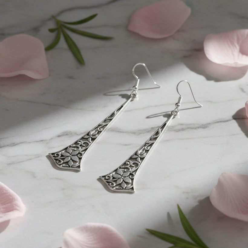 Floral Filigree Oxidised Silver Long Drop Earrings